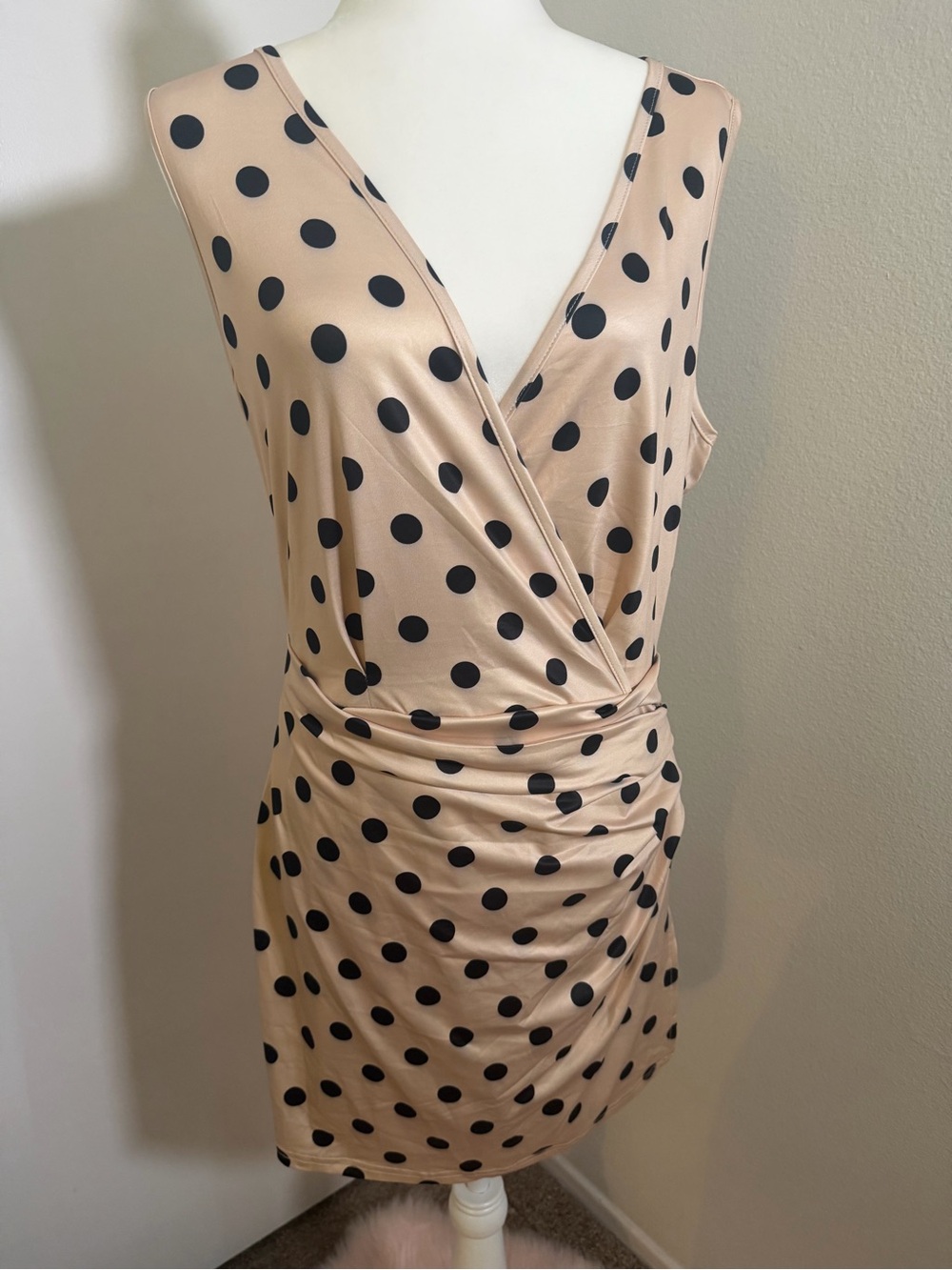 Beige Polka Dot Sleeveless Wrap Dress